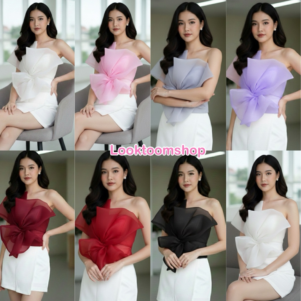 Looktoomshop #H13 เสื้อเกาะอก แต่งผ้าแก้วด้านหน้างานสวย ใส่แล้วดูแพงมากค่ะอกเสริมฟองน้ำซิปข้างอก 32"-36"  ยาว 16"