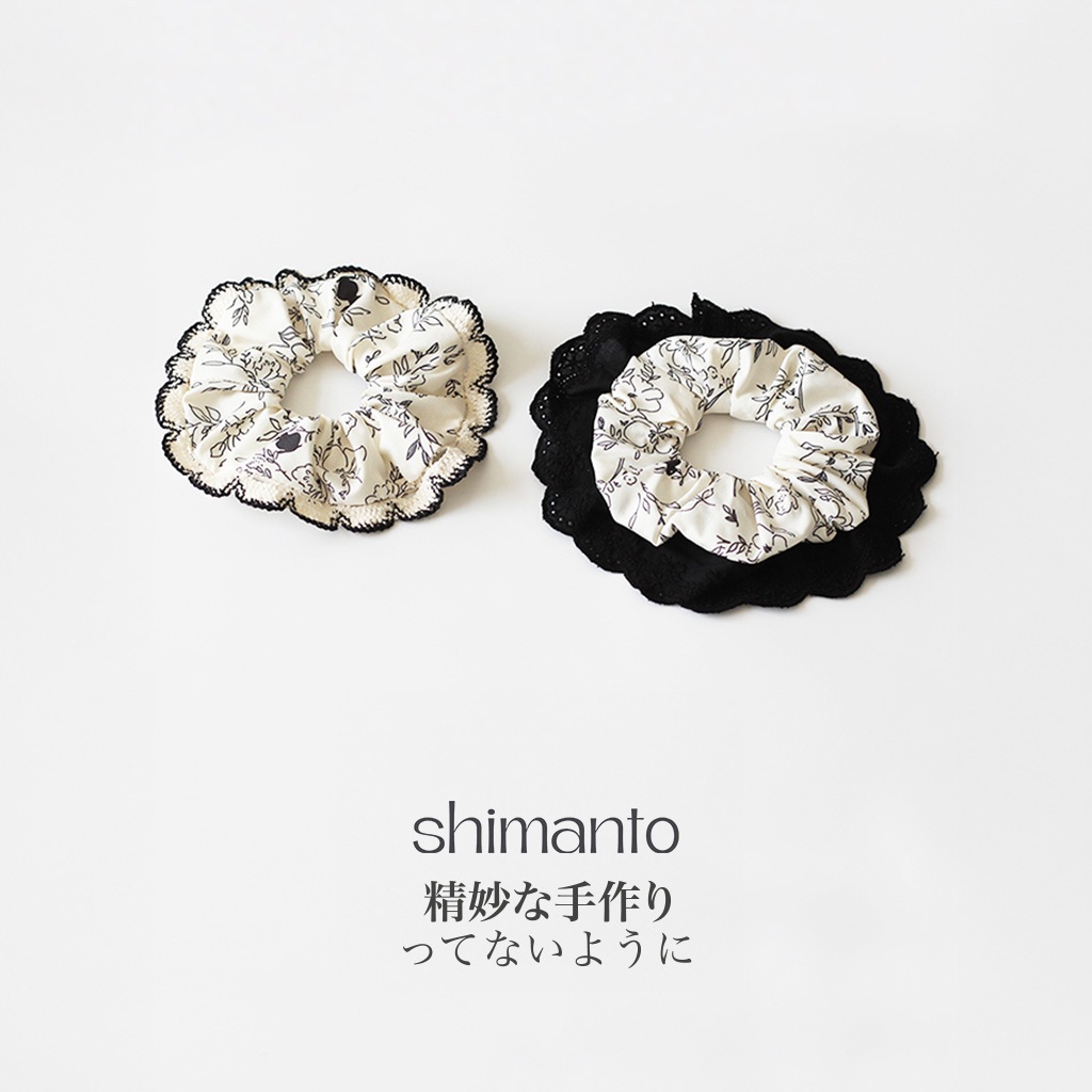 Shimanto  ยางรัดผมขนาดใหญ่ สีขาวดำ ลายดอกไม้ เหมาะกับทุกลุคการแต่งตัว เหมาะสำหรับใช้รัดหางม้า