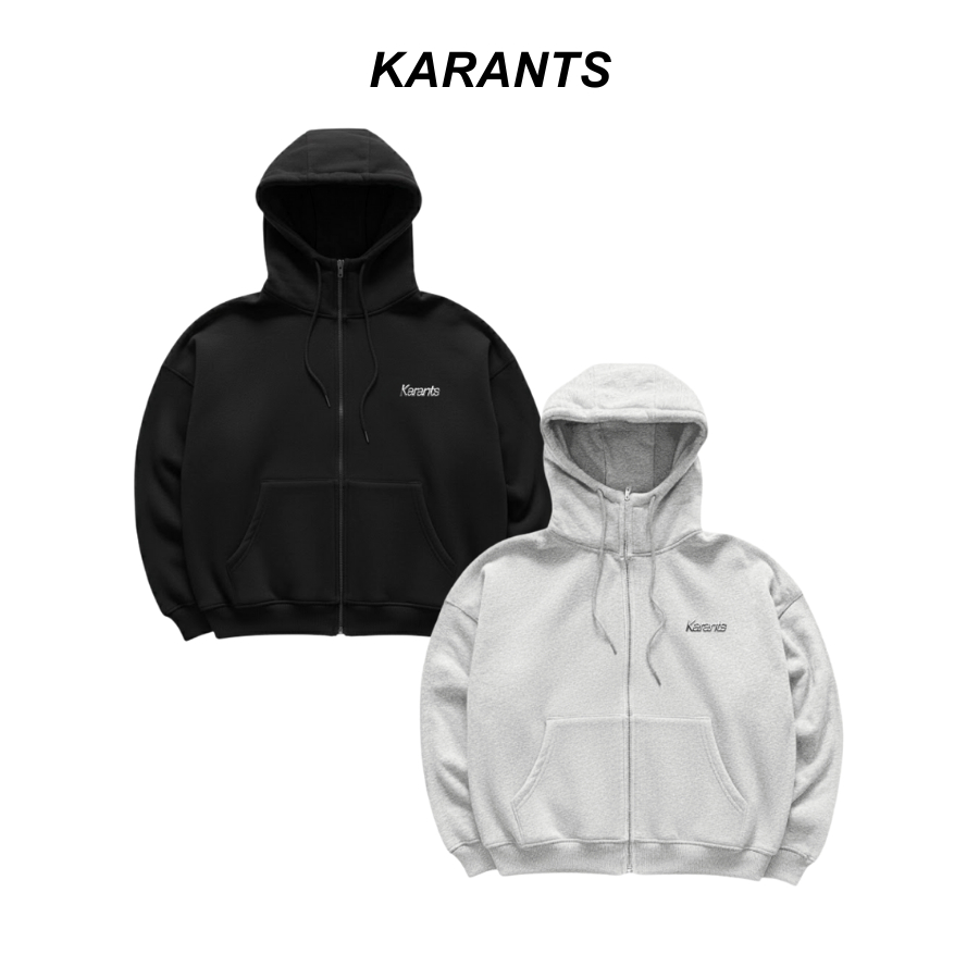 Karants เสื้อฮู้ดซิปสีพื้น โลโก้โลหะ คอสูง ทรง Cropped Boxy ผ้าหนา สไตล์ Unisex - AK75 เหมาะสำหรับทั