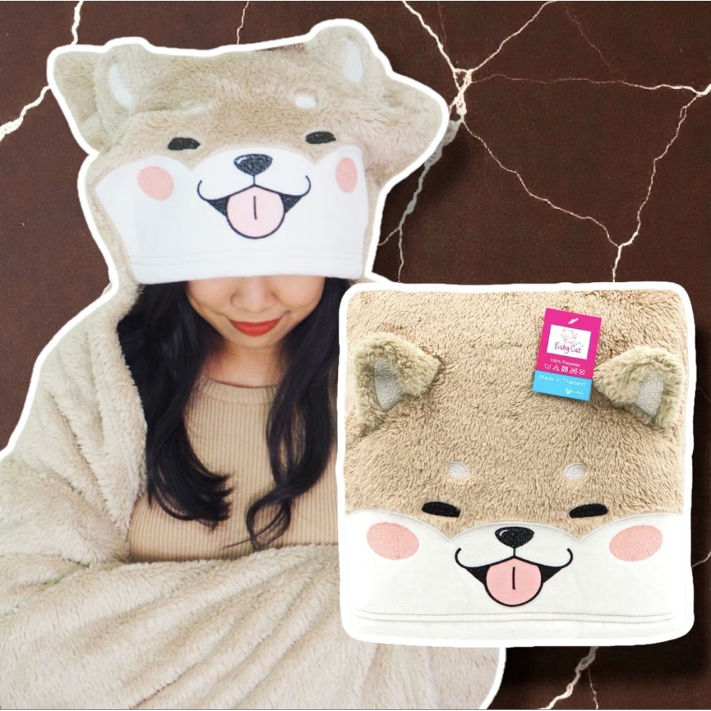 ฮู้ดผ้าห่ม น้องหมาชิบะ  เนื้อผ้าห่มโพลีบัว ผ้าหนานุ่ม ขนนุ่มลื่น ซักทำความสะอาดง่ายขนาด 40×60นิ้ว