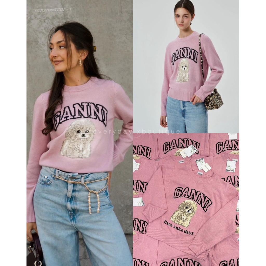 Ganni doggy sweater🐩💗🖤(450฿) คอลใหม่! พร้อมส่งเลยค่าา เสื้อแขนยาวสเวตเตอร์ ผ้านิตไหมพรม ทอลายน้อนหมา