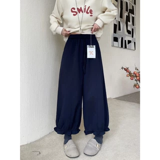 Reallyshops #9379(K) กางเกงขายาวบอลลูนปลายดอกไม้ เอวยางยืด ผู้หญิง พร้อมส่ง