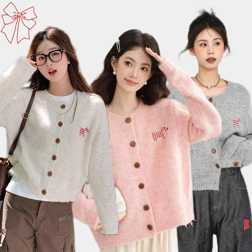 SGH0264 เสื้อคาร์ดิแกน เสื้อคลุมไหมพรมแขนยาวกันหนาว คอกลม แต่งกระดุม ปักลายหมาสก็อต