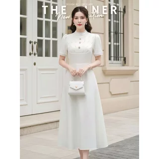 Thealner-AN342 (เดรสยาวแขนสั้นแต่งกระดุม3เม็ด)
