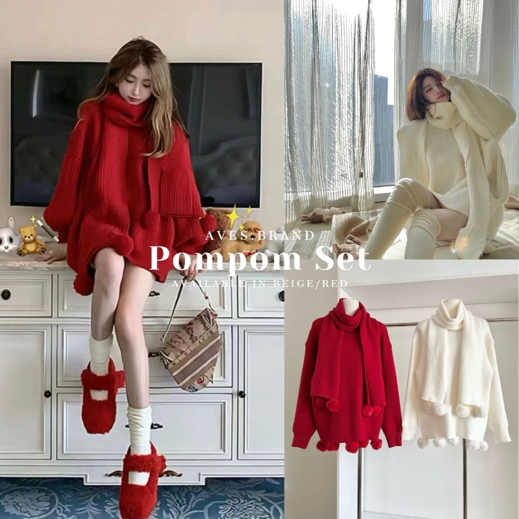 AVES.BRAND POMPOM SET เสื้อไหมพรม พร้อมผ้าพันคอ