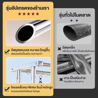[พร้อมตะขอแขวน] ราวตากผ้าสแตนเลส 304 ราวแขวนผ้า มีล้อเลื่อน กันน้ำไม่เป็นสนิม ยาว150/180/200cm รองรับน้ำหนัก300กก