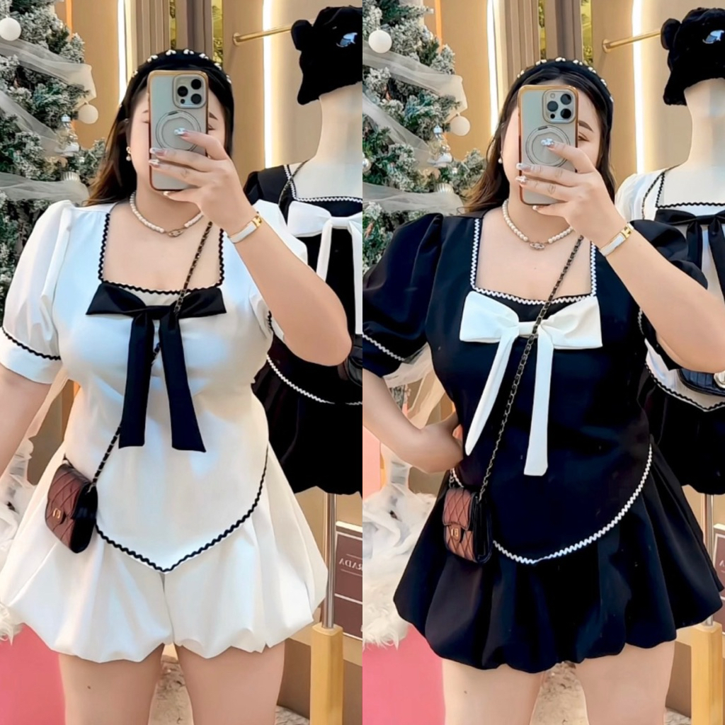 B38-S3S1🎄❤️ เสื้อคอเหลี่ยมจุดโบว์  อก32-46“ มีขายทั้งเซ็ต