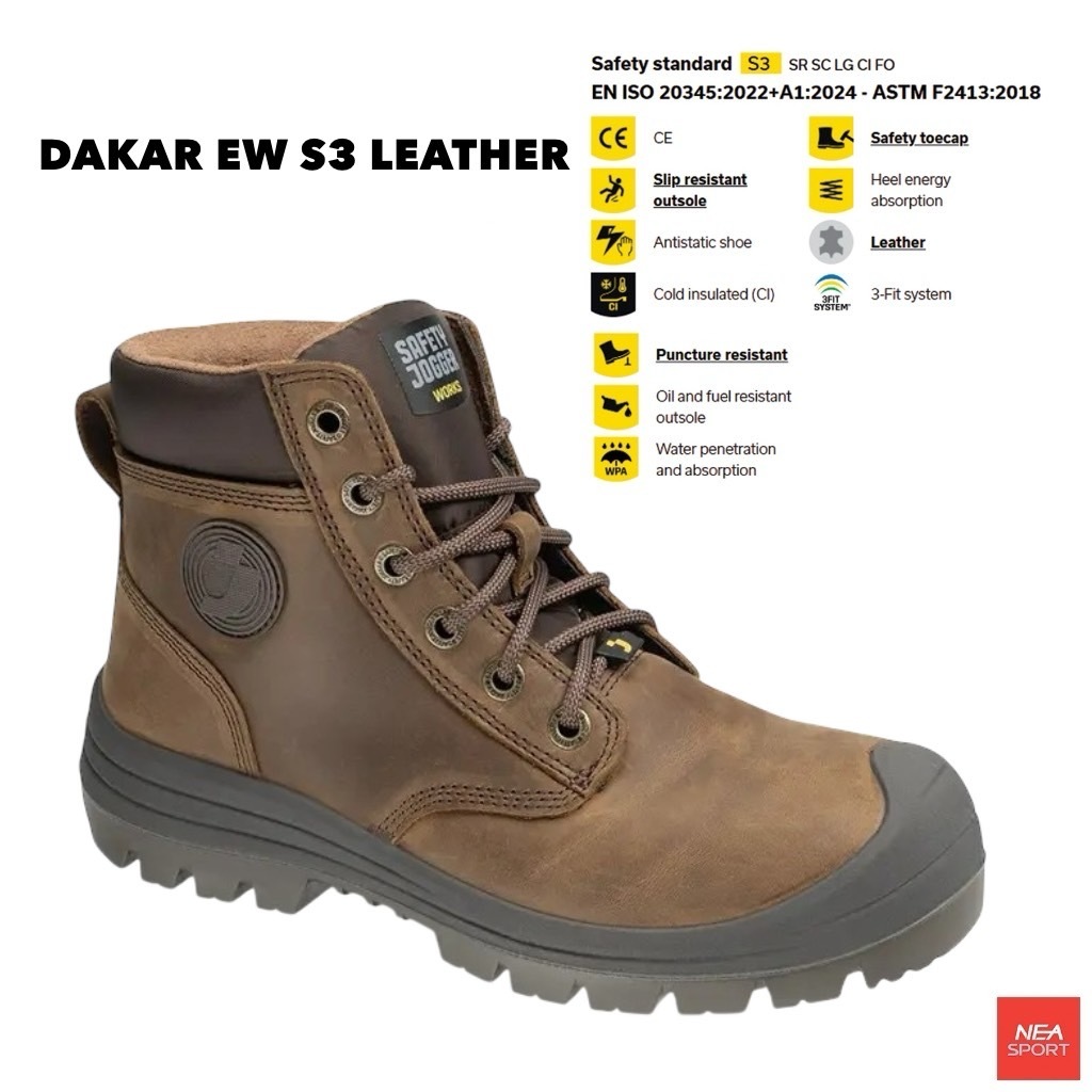 [รุ่นฮิตแบบหนังแท้] SAFETY JOGGER DAKAR EW S3 LEATHER รองเท้าเซฟตี้ หัวเหล็ก หนัง แผ่นเหล็กกันทะลุ หุ้มข้อ