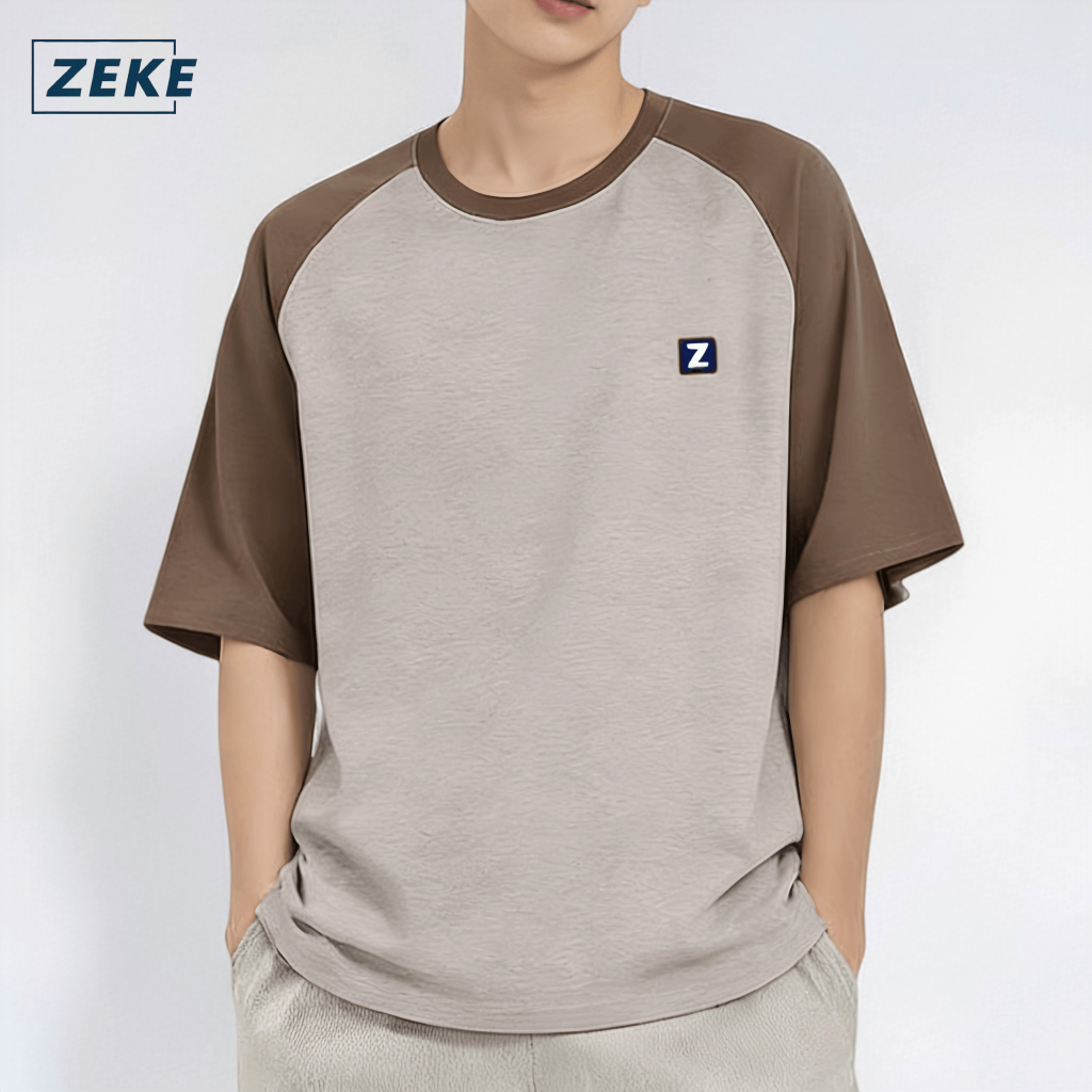 ZEKE A0038 เสื้อยืดสองสี ผู้ชายใส่ไหล่แขนหลวมสบาย ๆ รอบคอผ้าฝ้ายพรีเมี่ยมด้านบน วัสดุนุ่มและสบาย ใส่ได้ในทุกโอกาส