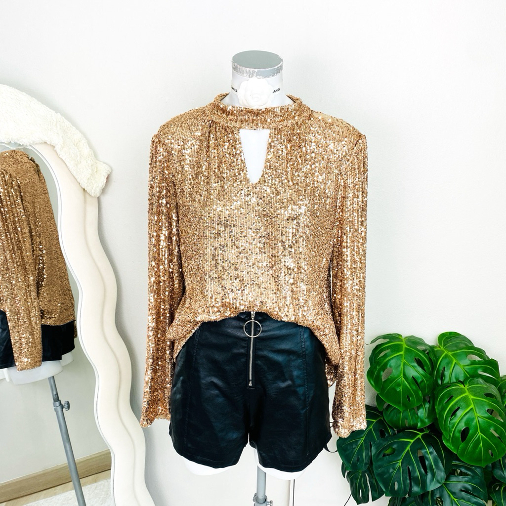 ไซด์ XL แบรนด์แท้ 100%🌸เสื้อ คอปีน พลัสไซด์ แขนยาว งานเกล็ดวิบวับ สีโรสโกล ใส่ออกงาน ชุดออกงาน  ชุดป