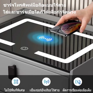 โต๊ะข้างเตียงอัจฉริยะ ตู้เก็บของทันสมัยเรียบง่ายมัลติฟังก์ชั่น รองรับการชาร์จไร้สาย ไฟสามสี พอร์ต USB และลำโพงบลูทูธคู่