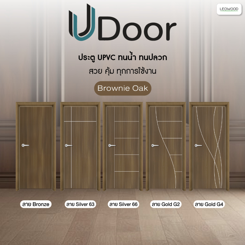 ( Lot สุดท้าย!! ) Leowood ประตูไม้ปิดผิว UPVC รุ่น UDoor สี Brownie Oak ขนาด 70 และ 80 ซม. ประตูไม้ 