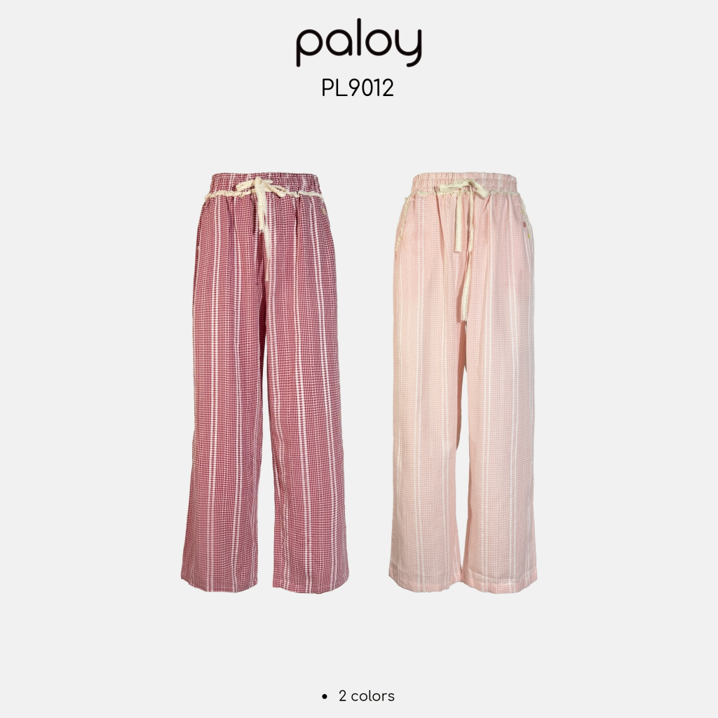 Paloy - PL9012 กางเกงผ้าขายาวลายสก็อต แต่งดีเทลลูกไม้