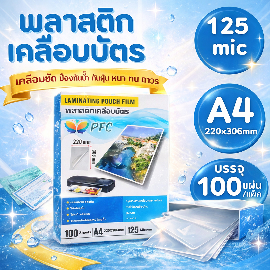 พลาสติกเคลือบบัตร PFC ขนาด A4 220x306 mm. บรรจุ 100 แผ่น หนา 125 mic แผ่นเคลือบ เคลือบร้อน