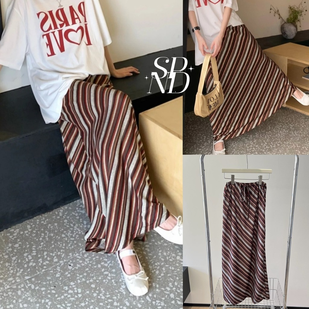 SPND【พร้อมส่ง】 กระโปรงยาวแม็กซี่ลายทาง ใส่แล้วดูสุภาพ กระโปรงพลิ้วๆ พรางหุ่นมีสีเดียว