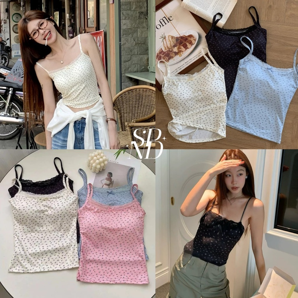 เสื้อสายเดี่ยวเสริมฟองน้ำ ลายดอกไม้ น่ารักละมุน (พร้อมส่ง) แต่งขอบลูกไม้ ใส่สบาย (9094) – โปรปัง