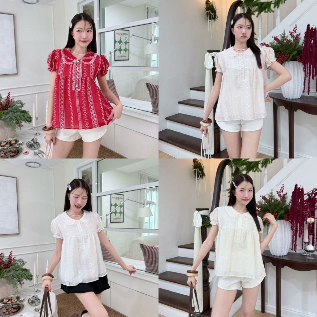 เสื้อคอบัวแขนตุ๊กตาแต่งกระดุมหัวใจ