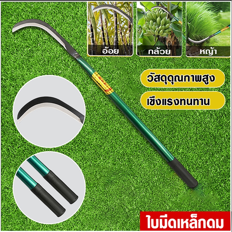 🔥ส่งของจากกรุงเทพ🔥เคียวแมงกานีส มีดแมงกานีสแท้ เคียวเกียวหญ้า ตัดแต่งกิ่ง ด้ามไม้ยาว65ซมใช้สำหรับ ตัดไม้ ตัดหญ้า สวนกล้ว