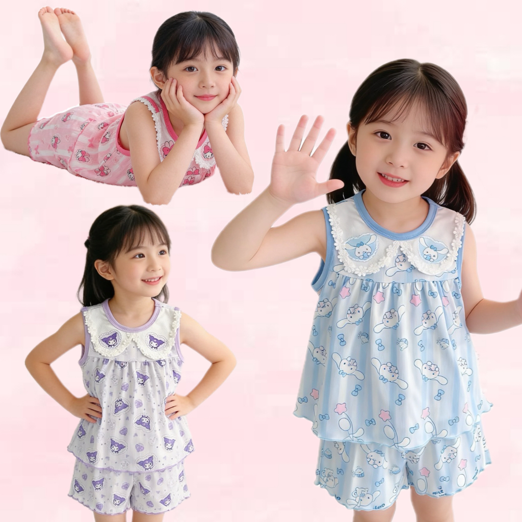 BB174 ชุดนอนเด็กแขนกุด+กางเกงขาสั้น ผ้านุ่ม ลายน่ารัก สีพาสเทล สุดคิ้วท์ เสื้อผ้าเด็ก