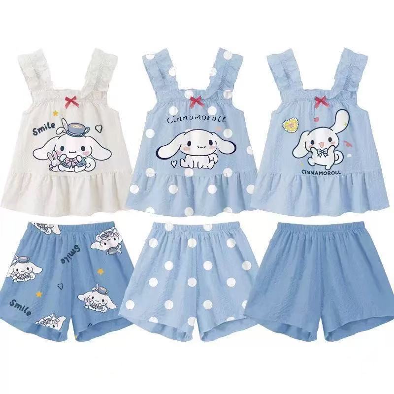 BB175 ชุดนอนเด็กหญิงซินนามอนโรล แขนกุด กางเกงขาสั้น ผ้านุ่ม ลายการ์ตูน สีฟ้าพาสเทล เสื้อผ้าเด็ก
