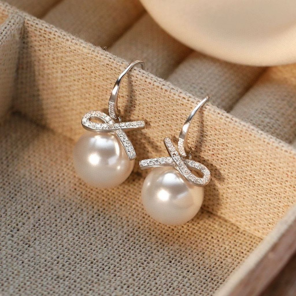 ESCOBAL ต่างหูไข่มุก Pearl Bow ต่างหูไข่มุก ต่างหูเงินแท้ฝังเพขร ตุ้มหูไข่มุกขาว Valentine ของขวัญ ราคา ถูกที่สุด ดีลบีเคเค แกลเลอรีภาพที่ 7