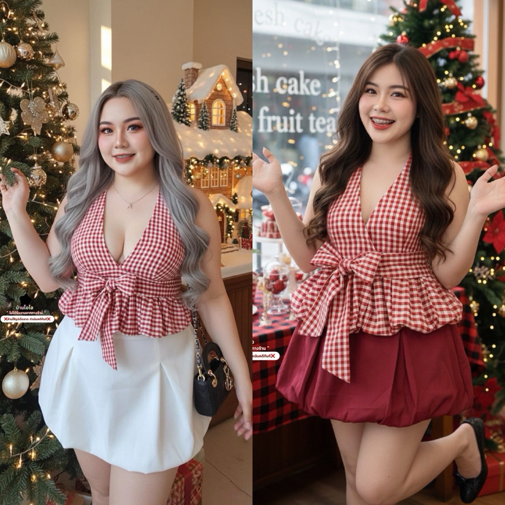 P40-S3S2🎄💕 ⨳ งานเซตเสื้อ + กระโปรงทรงบอลลูนคล้องคอโบว์สามารถผูกมัดได้ตามใจสาวอวบ Theme