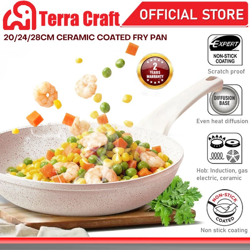 [เคลือบเซรามิก]Terra Craft กระทะเซรามิกสีขาว ขนาด 20/24/28cm ไม่ติด ใช้กับเตาทุกประเภท ไร้PFOA ทนทาน