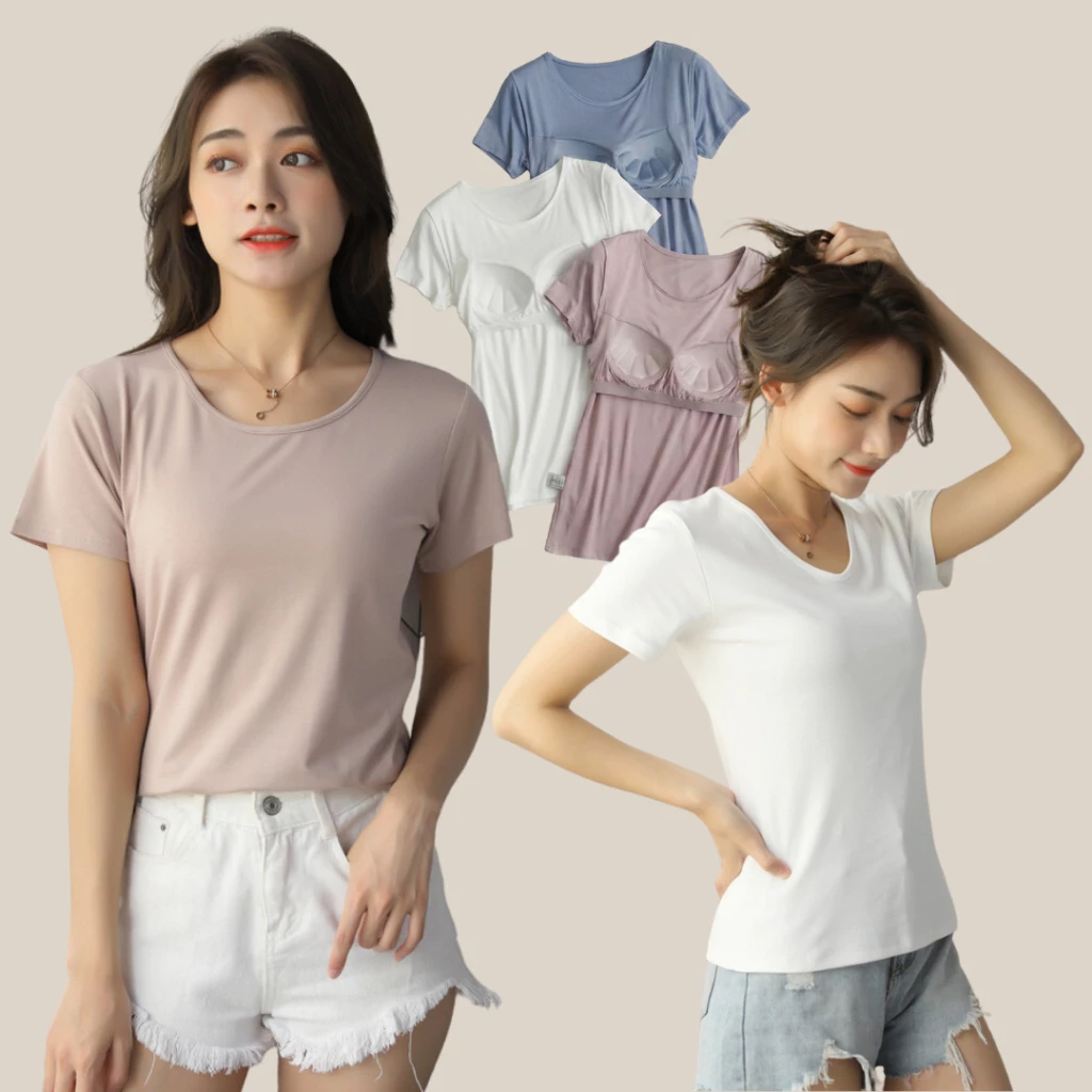 WsimpleBra | Bambi Top Shirt เสื้อยืด ผ้าบางเบา แขนสั้น มีบราในตัว เลิกใส่ชุดชั้นในและซิลิโคลปิดจุก