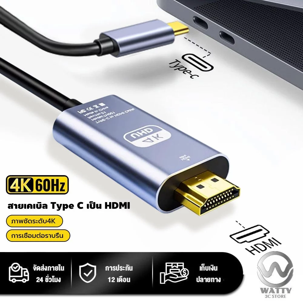 สายเคเบิล Type C เป็น HDMI 4K 60Hz 1080p 1m-3m สำหรับแล็ปท็อป notebook โฟน แท็บเล็ต