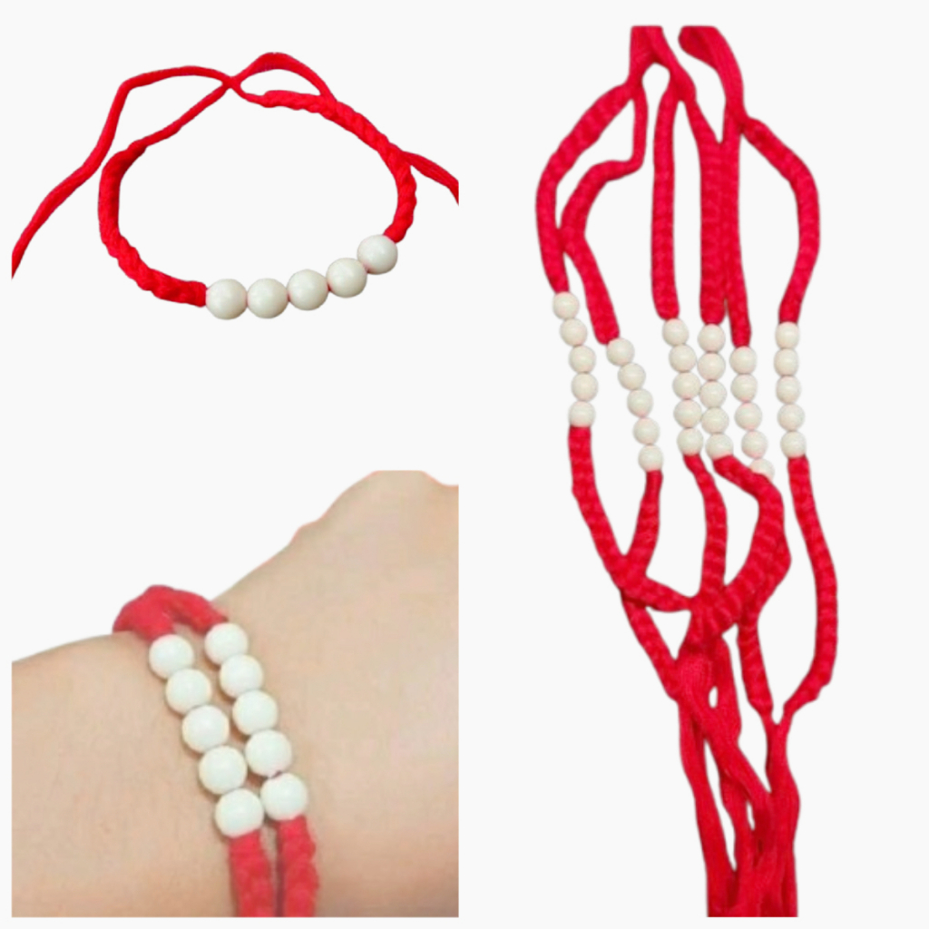 (1 เส้น) สายสิญจน์ด้ายแดง  มีลูกปัดสีขาว5 เม็ด ผูกข้อมือเสริมศิริมงคล เสริมดวงเสริมชะตา ครูบาบุญชุ่ม