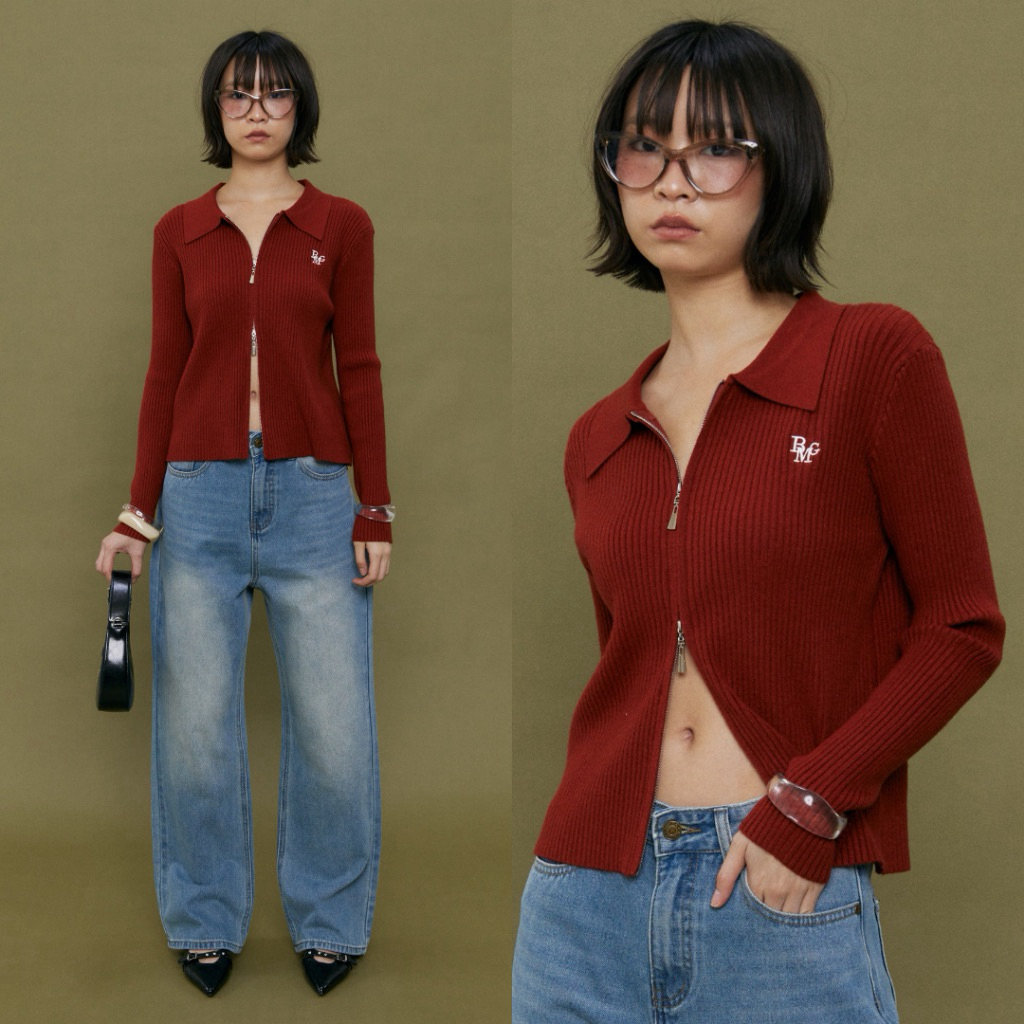 Beming zipper knit polo เสื้อคาร์ดิแกนซิปหน้า ทรงคอปก