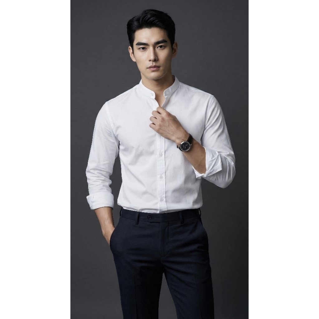 เสื้อเชิ้ตคอจีน   ผ้า Oxford by bonne.chance สีพื้น ขาว / ดำ / กรม