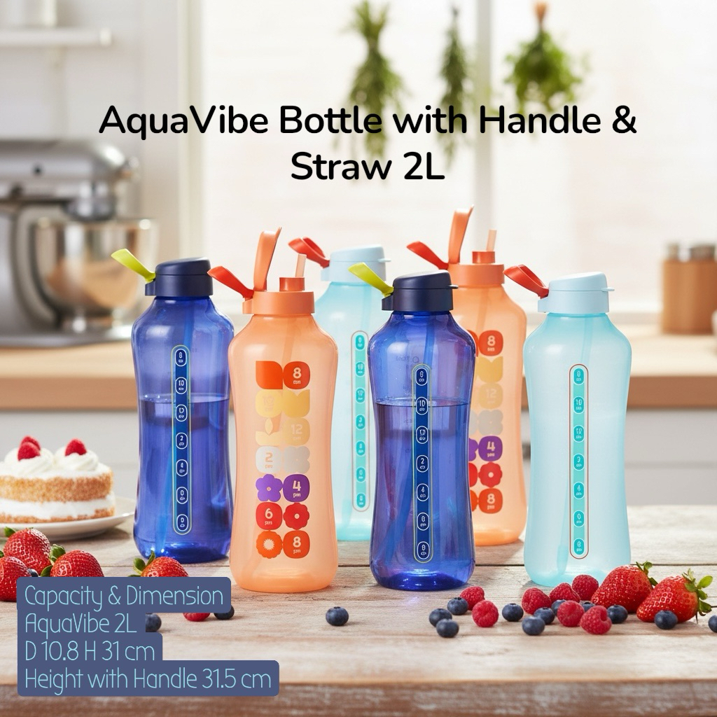 ขวดน้ำ2L มีหูหิ้วมีหลอด Tupperware AquaVibe (1) 1.2L//2L with Handle มีขีดวัดปริมาตร มีขีดบอกเวลาดื่มน้ำ