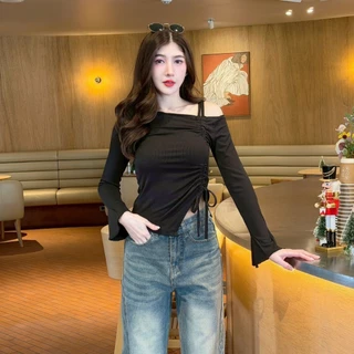 เสื้อยืดแขนยาว แฟชั่นเปิดไหล่ สายรูดผูกโบว์ เข้ารูป สไตล์เวียดนาม ใส่แมท LG085