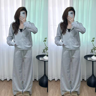 ชุดเซ็ท ปั้มนูนแจ็คเก็ตมีฮู้ด แขนยาวขายาว[ผ้าทอปั้มนูน ลายอังกฤษฟรีไซส์]
