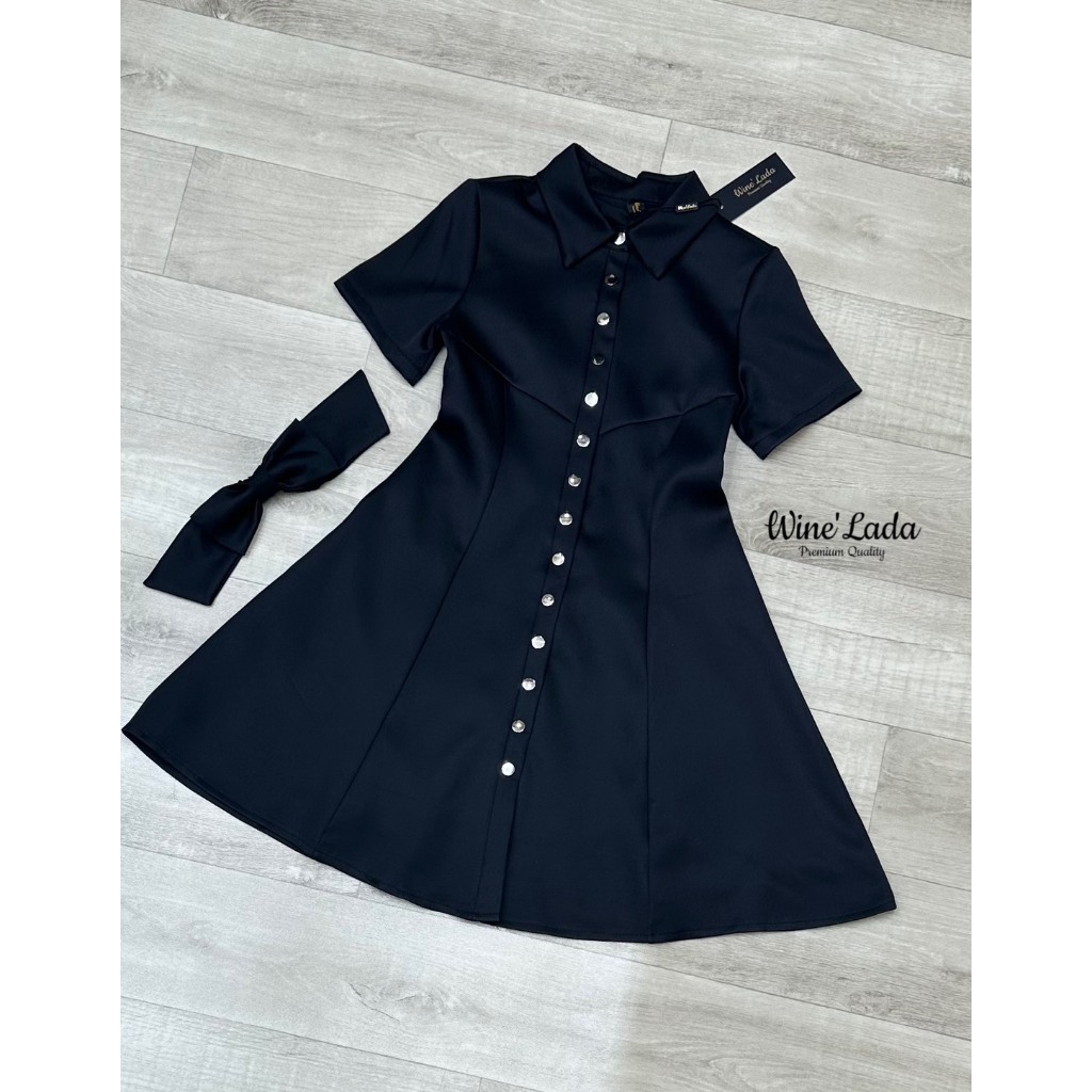 Wine'Lada Dressทรงเชิ้ตกระดุมหน้าอะไหล่เงิน สีดำ - รูปที่ 3