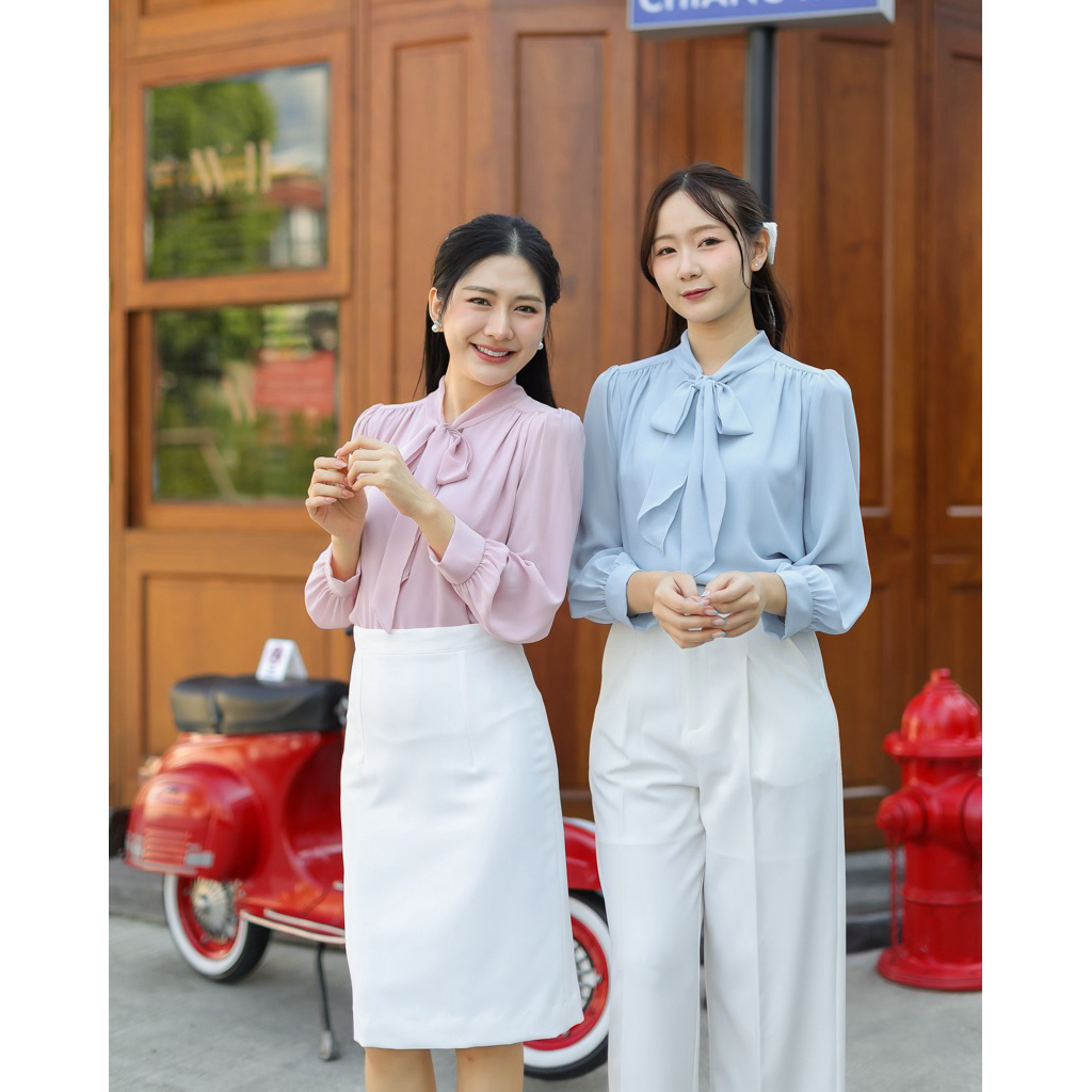“Ribbon Bow”  เสื้อแขนยาวโบว์ผูก รุ่นฮิต สุภาพใส่ทำงาน สมัครงาน สมัครแอร์ ชีฟองผ้านิ่ม ตัดเย็บสวย งานสวมหัว