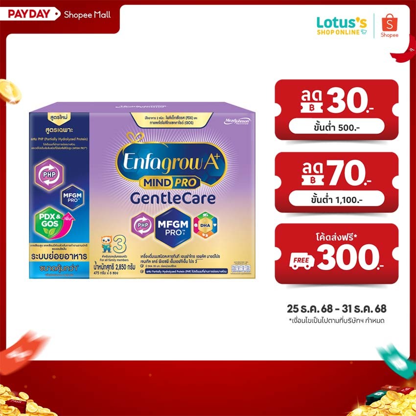 เอนฟาโกร เอพลัส เจนเทิลแคร์ นม สูตร 3 นมผง เด็ก แรกเกิด ขนาด 2850 กรัม ENFAGROW A+ MINDPRO GENTLE CA