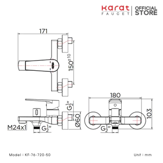 Karat Faucet ก๊อกผสมอ่างอาบน้ำแบบก้านโยกติดผนัง KF-76-720-50