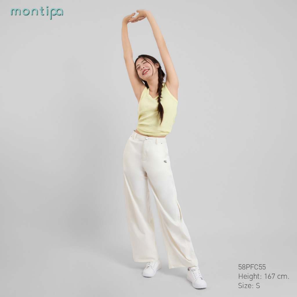 Montipa กางเกงทรง Baggy กระดุมและซิปหน้า สม็อคด้านหลัง ปักโลโก้ montipa ผ้า Comfort 58PFC55
