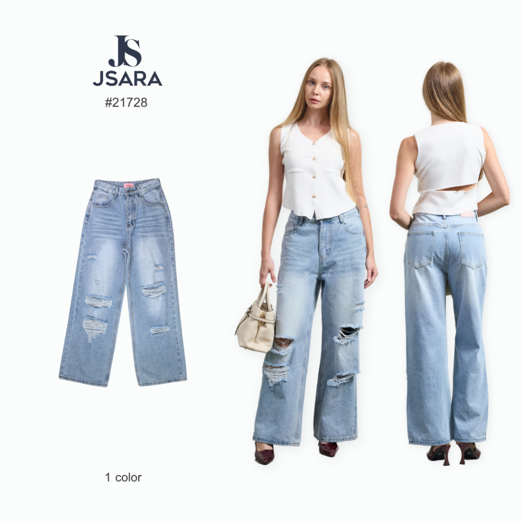 JSARA กางเกงยีนส์ทรงกระบอก Working day ผ้าไม่ยืด เอวกลาง ใส่สบาย ทรงสวย Size S-XL ขายาวรหัส 21728