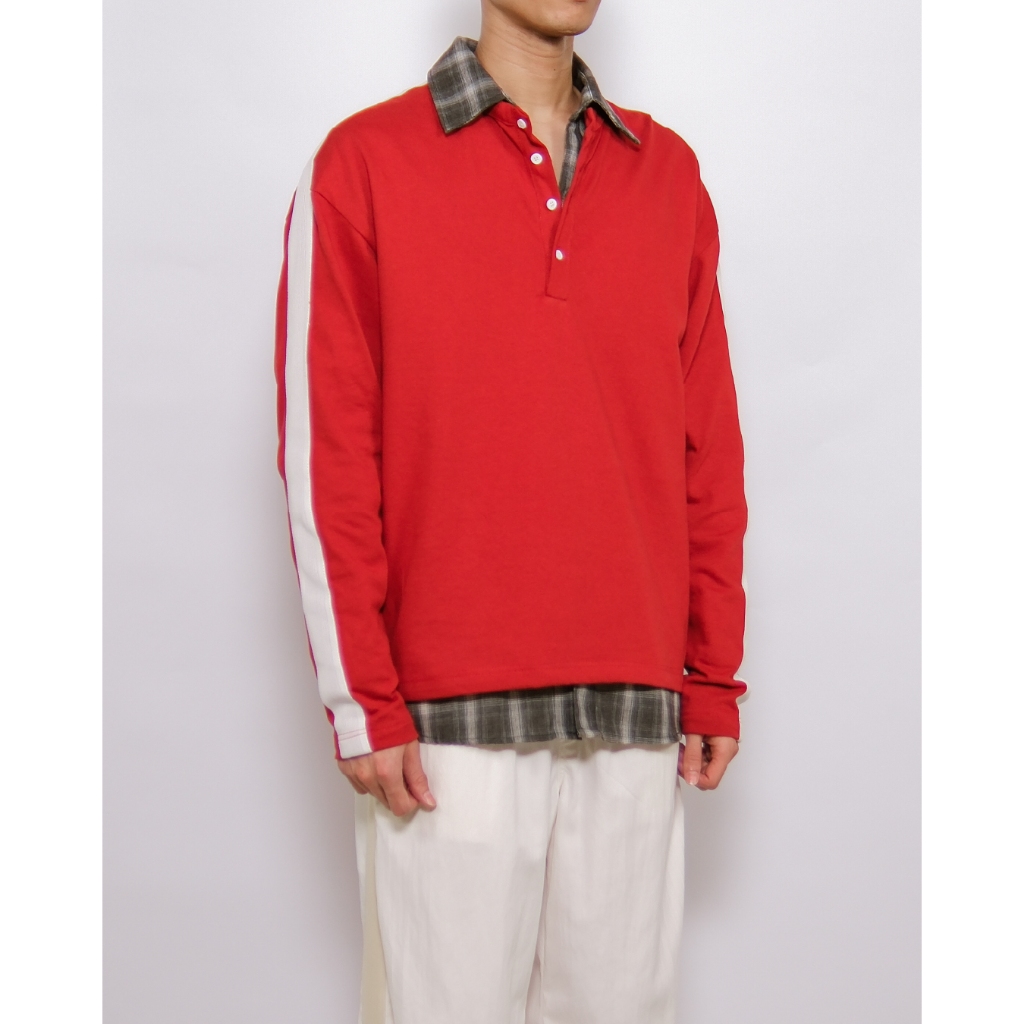 COMPOSE. ⭑ VTG Sporty Henley Shirt in Tomato Red | เสื้อเชิ้ตแขนยาว คอเปิด สไตล์สปอร์ตแบบวินเทจ สีแด