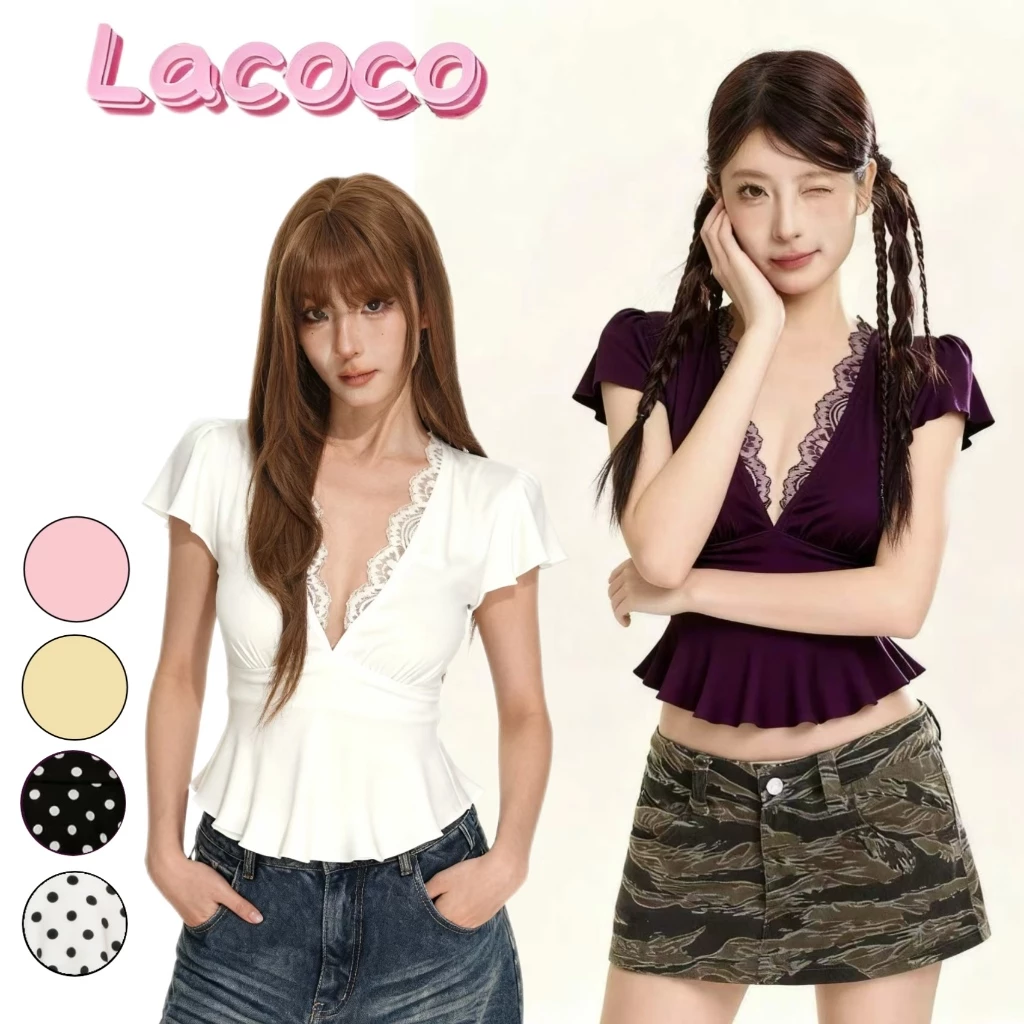 Lacoco🍓คลังสินค้าพร้อม🍓เสื้อเชิ้ตแขนสั้นคอวีผู้หญิงไซส์ใหญ่ สไตล์ฤดูร้อน ทรงเข้ารูป ดีไซน์หรูหรา สไตล์ไม่ซ้ำใคร