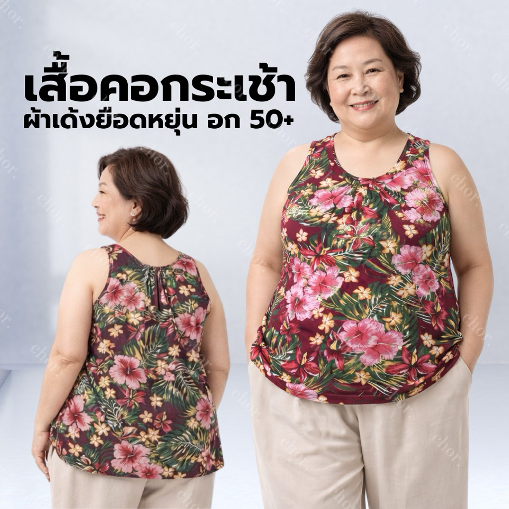 Chor Y3009 เสื้อคอกระเช้าผ้าเด้ง (คละลาย1ตัว) ไซส์ใหญ่จัมโบ้ เสื้อยืดคุณแม่ เสื้อกระเช้าคุณแม่ ผ้าเด้งยืดหยุ่นได้เยอะ