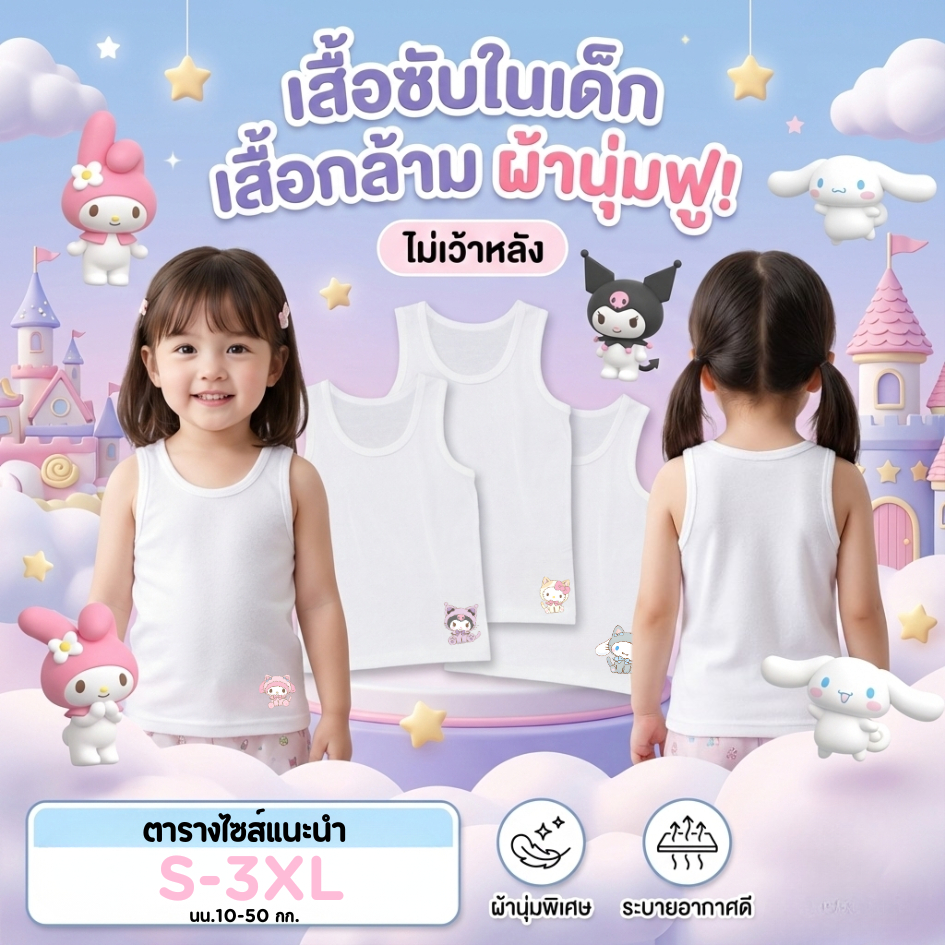 เสื้อซับในเด็ก เสื้อกล้ามเด็กลาย ซานริโอ้2 คุโรมิ มายเมโลดี้ ชินนาม่อนโรล นุ่มระบายอากาศได้ดี ไซส์ 1-11ปี