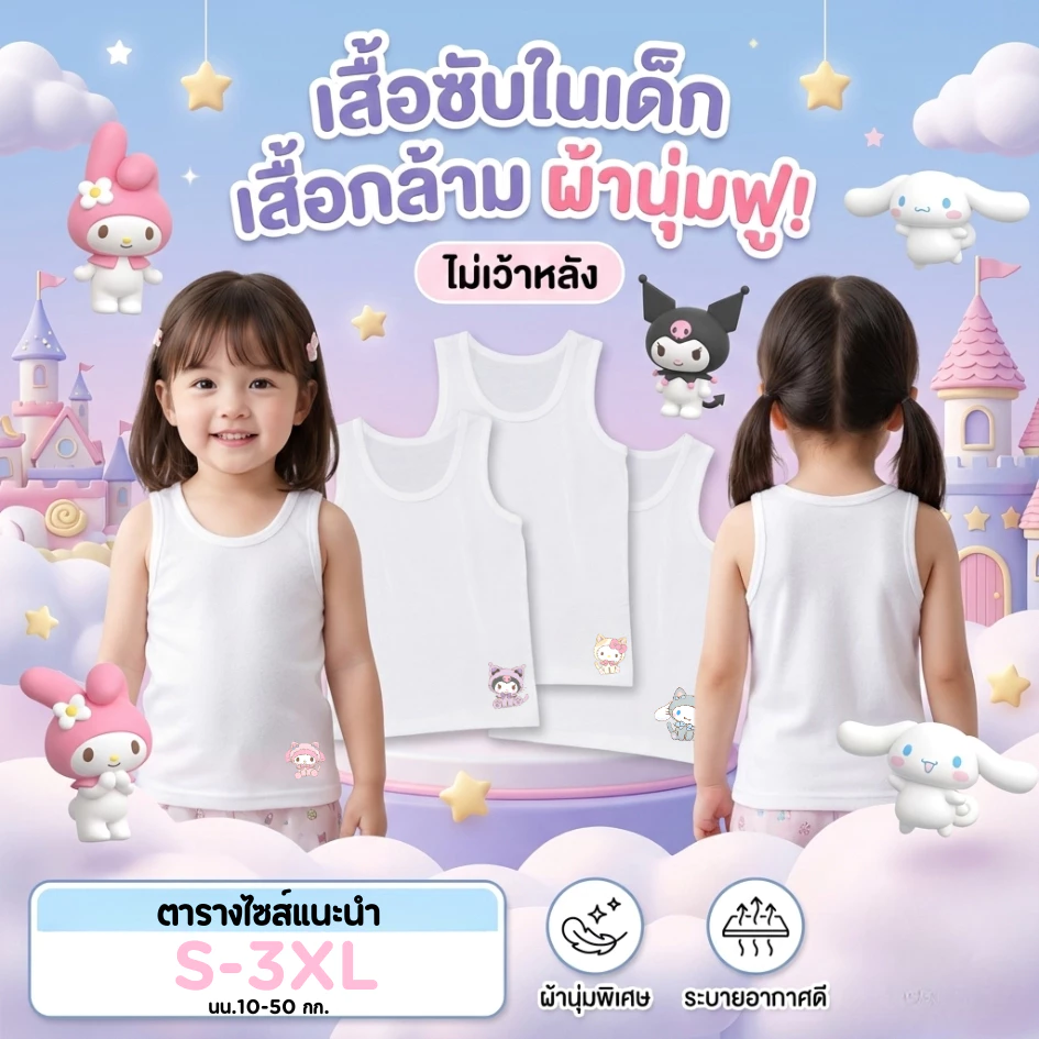 เสื้อซับในเด็ก เสื้อกล้ามเด็กลาย ซานริโอ้2 คุโรมิ มายเมโลดี้ ชินนาม่อนโรล นุ่มระบายอากาศได้ดี ไซส์ 1-11ปี #เสื้อกล้าม