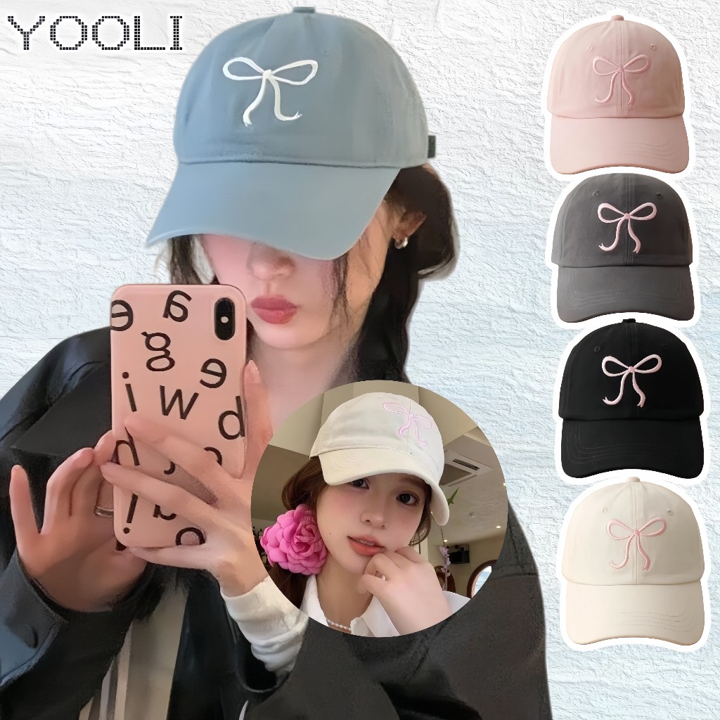 หมวกแก็ป เบสบอล "ปักโบว์" มินิมอลสีพาสเทล ผ้าฝ้าย กันแดด ลำลองแฟชั่นเกาหลี ของขวัญปีใหม่