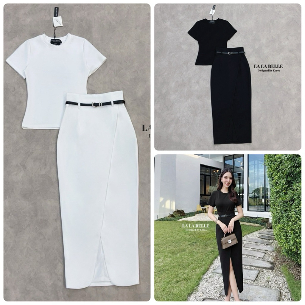 Lalabelle Set เสื้อยืด+กระโปรงผ่าหน้า มีเข็มขัด