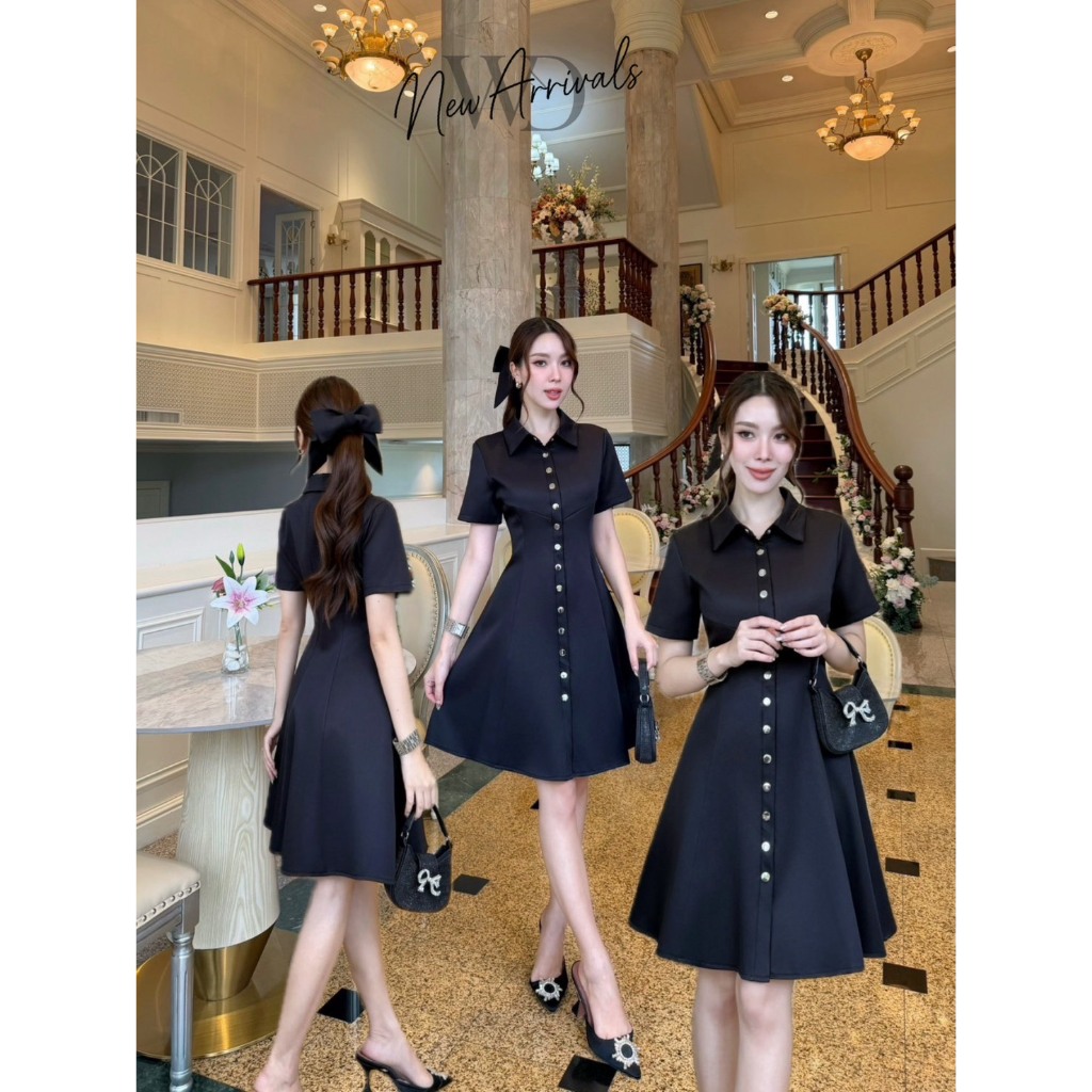 Wine'Lada Dressทรงเชิ้ตกระดุมหน้าอะไหล่เงิน สีดำ - รูปที่ 4