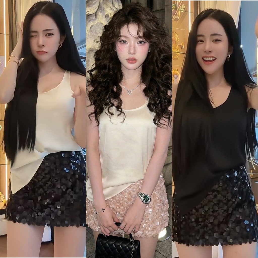 ❣️พร้อมส่ง📌 KITTI Set สื้อแขนกุดผ้าซาติน กระโปรงแต่งลายดอกไม้ 3D ใส่เที่ยว ออกเดท ปาร์ตี้